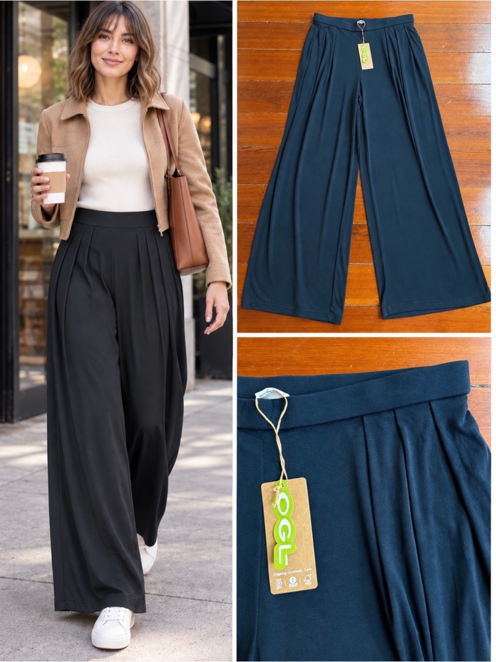 NWT OGL Sandwashed Pleated Wide Leg Palazzo Pants Black Pockets Sz L 💛🍄